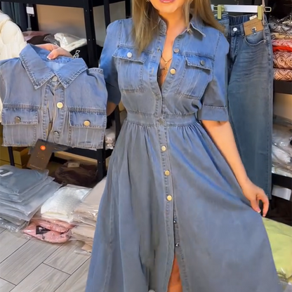 👗Dámské modré úzké džínové šaty s límečkem a knoflíky💥