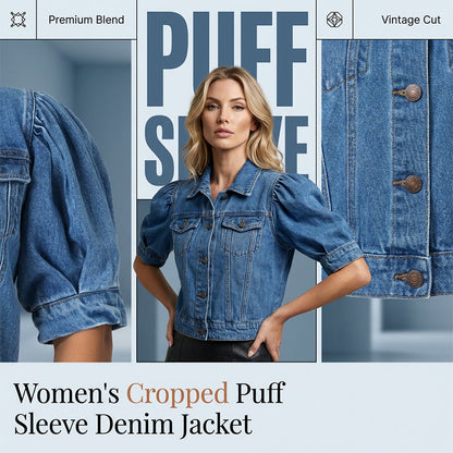 Women's Puff Short Sleeve Cropped Denim Jacket