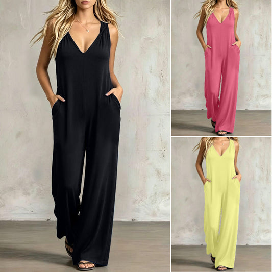 👗 Dámský overal s výstřihem do V – s kapucí, široké nohavice, kapsy ☀️