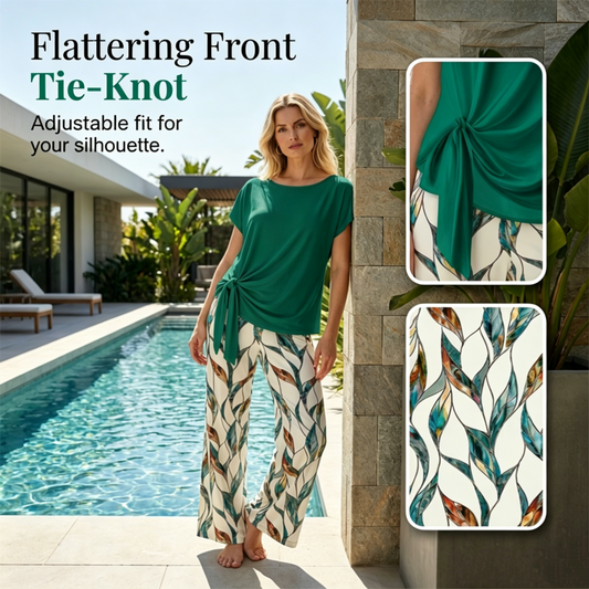 🔥Limited Time Promotion 50% OFF🔥🌿Women's Tie-Knot Top & Printed Wide-Leg Pants Set