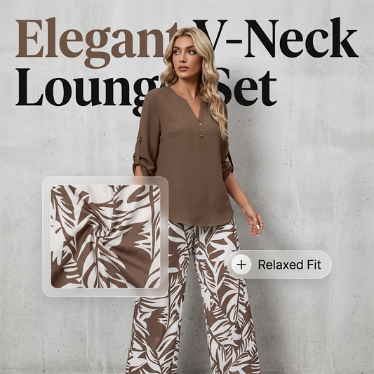 Women's V-Neck Top & Print Wide-Leg Pants Set
