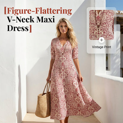 👗Dámské šaty s výstřihem do V, potištěné, s polovičním rukávem, maxi délka🌺