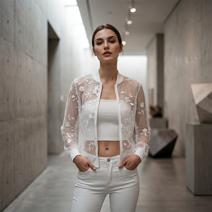 📢📢Sleva 49 %⏰👗 Dámské letní květinové průhledné síťované sako – Prodyšné a elegantní vyšívání 🌸