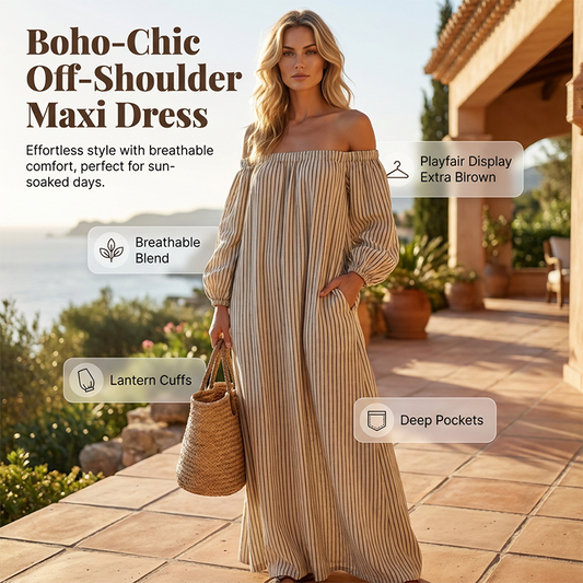 👗Dámské šaty s odhalenými rameny a lucernovými rukávy, elegantní dlouhé šaty na párty i na každodenní nošení