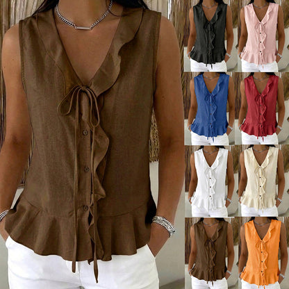 🌬️ Lightweight Ruffle Trim Top — Breezy Chiffon Fabric | V-Neck | Keeps You Cool on Warm Days