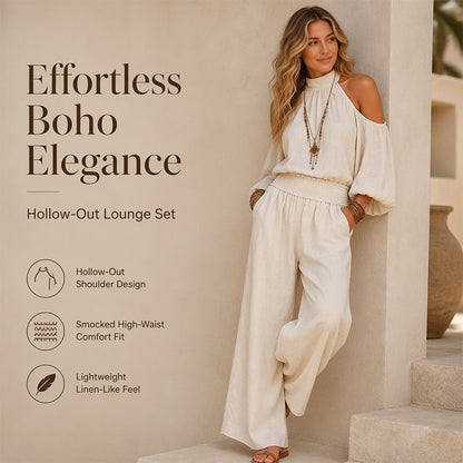 🌸 Dámská souprava s topem s výstřihem na ramenou a širokými kalhotami – boho elegance a prodyšnost jako u lnu ✨
