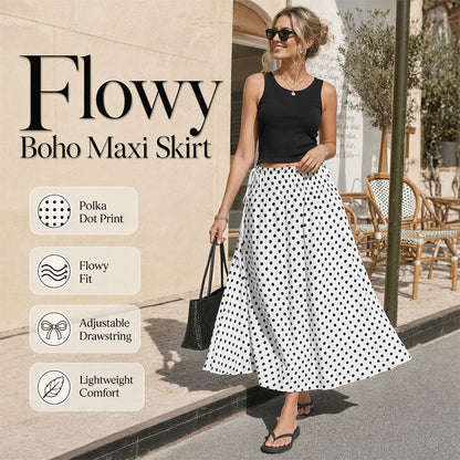 🔵 Dámská Midi Sukně s Puntíky | Boho Styl | Vysoký Pas | 4 Barvy | S–L | Letní Must-Have ✨
