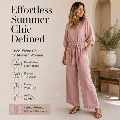 🌸 Dámský Set: V-Výstřih Top se Stuhou + Palazzo Kalhoty | 5 Barev | S–3XL | Elegantní & Pohodlné ✨