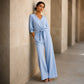 🌸 Dámský Set: V-Výstřih Top se Stuhou + Palazzo Kalhoty | 5 Barev | S–3XL | Elegantní & Pohodlné ✨