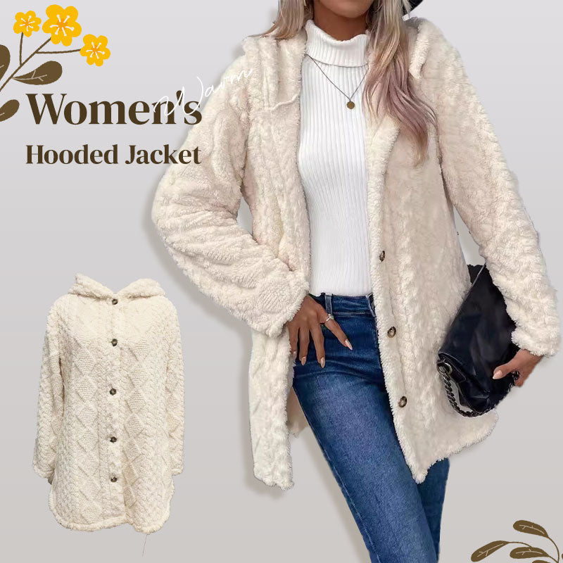 Lange Damen-Plüschjacke mit Kapuze und Rautenstruktur