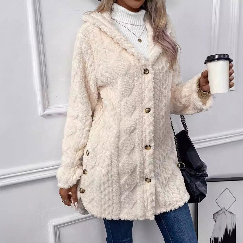 Lange Damen-Plüschjacke mit Kapuze und Rautenstruktur