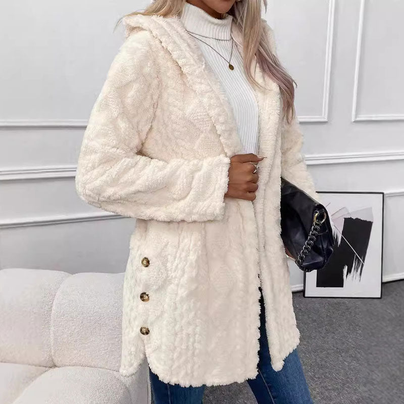 Lange Damen-Plüschjacke mit Kapuze und Rautenstruktur