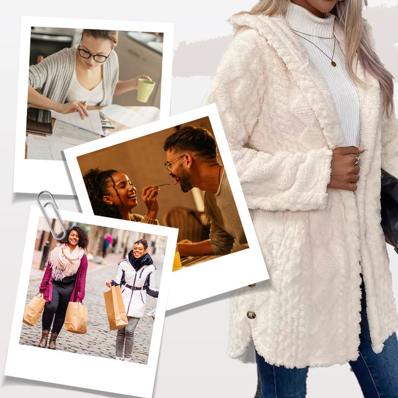 Lange Damen-Plüschjacke mit Kapuze und Rautenstruktur