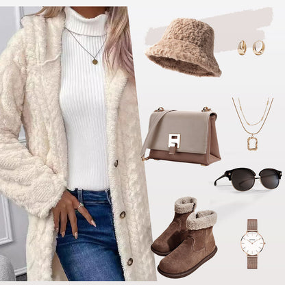 Lange Damen-Plüschjacke mit Kapuze und Rautenstruktur