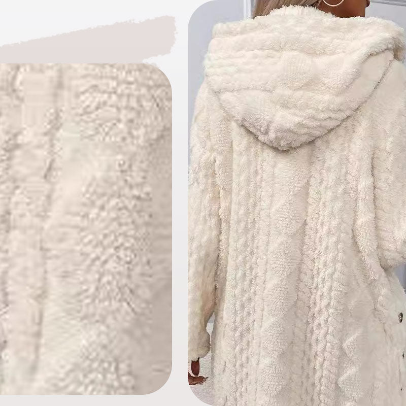 Lange Damen-Plüschjacke mit Kapuze und Rautenstruktur