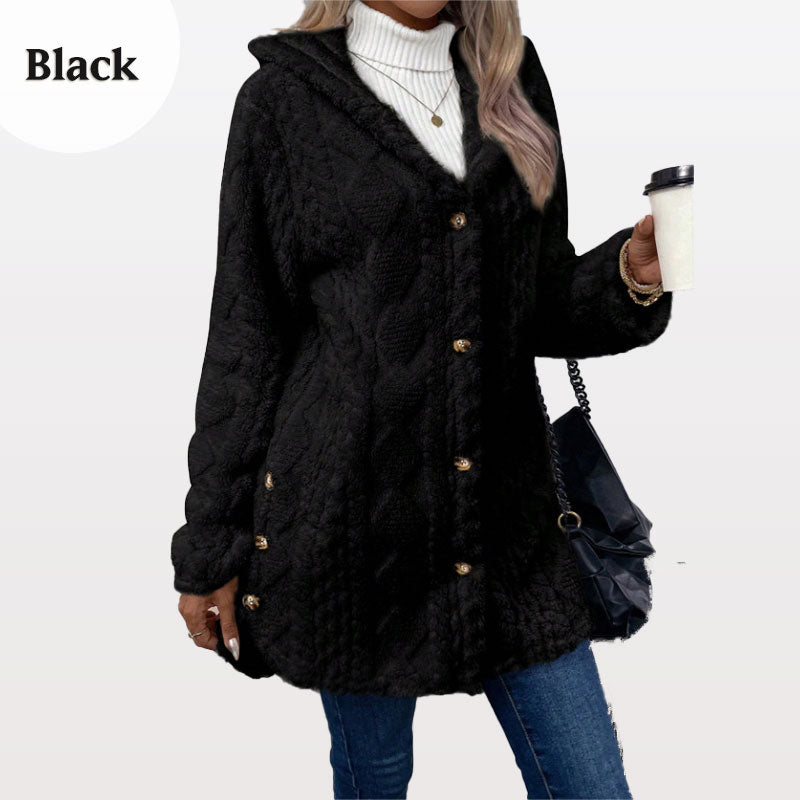 Lange Damen-Plüschjacke mit Kapuze und Rautenstruktur