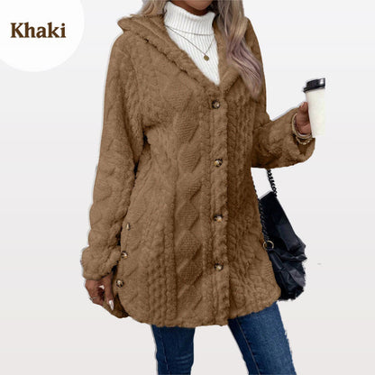 Lange Damen-Plüschjacke mit Kapuze und Rautenstruktur