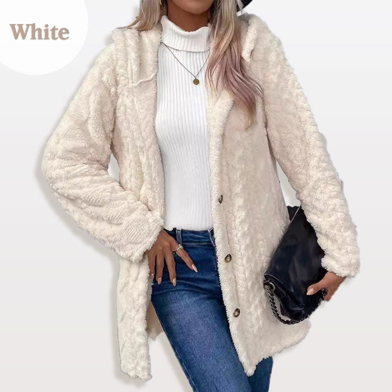 Lange Damen-Plüschjacke mit Kapuze und Rautenstruktur