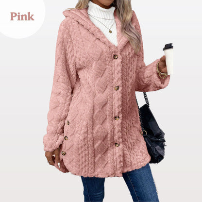 Lange Damen-Plüschjacke mit Kapuze und Rautenstruktur
