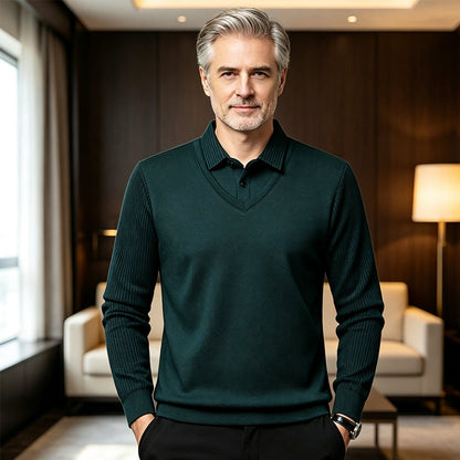 Herren-Langarmshirt in 2-in-1-Optik mit Kragen & Fleece-Futter