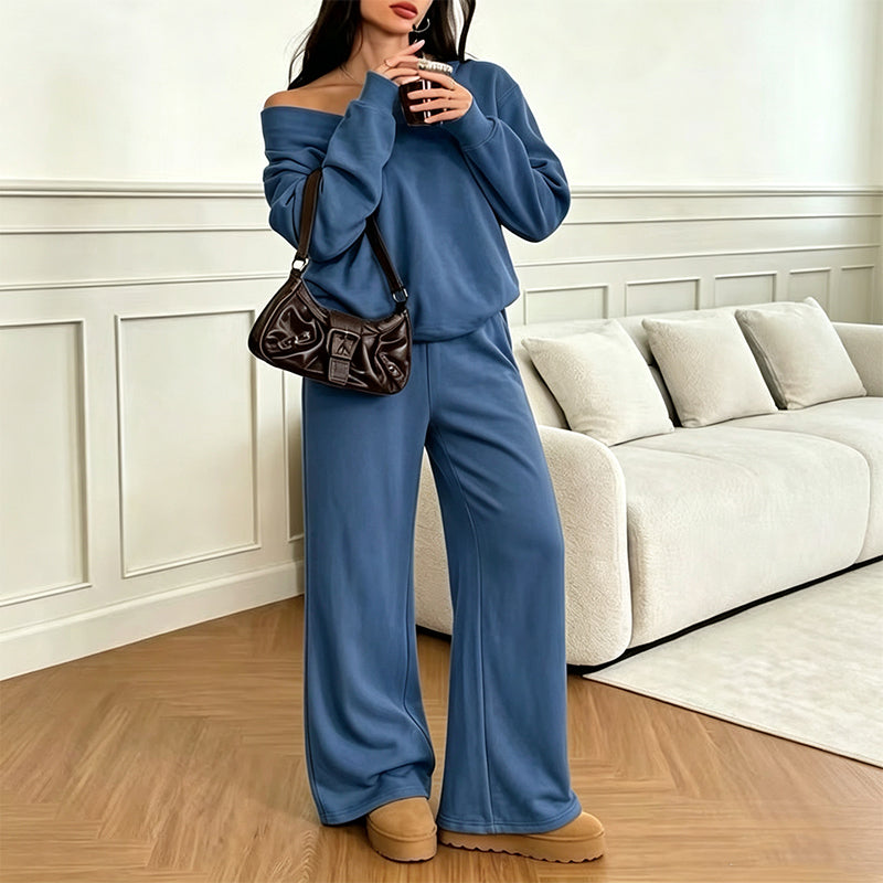 ✨Neu Eingetroffen! Schulterfreies Sweatshirt- und Hose-Set für Damen