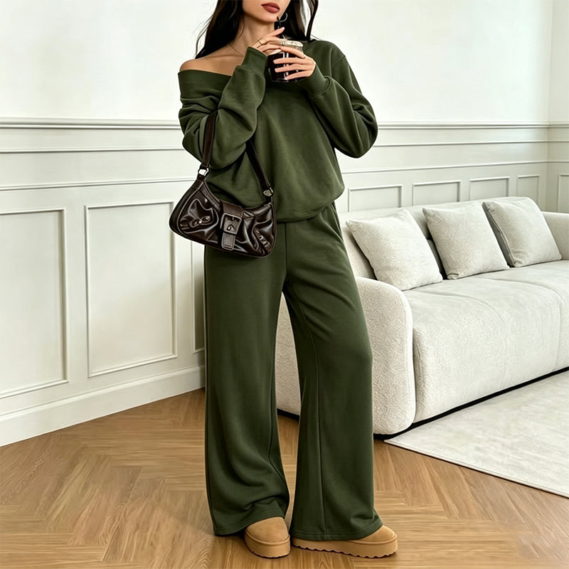 ✨Neu Eingetroffen! Schulterfreies Sweatshirt- und Hose-Set für Damen
