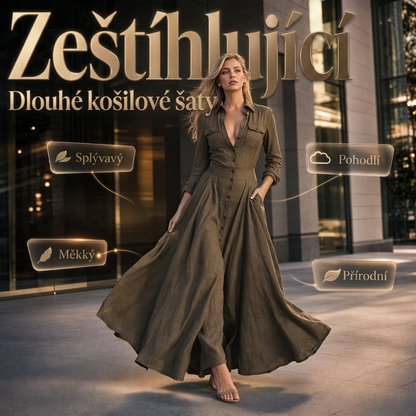 👗✨ Dlouhé dámské šaty s límečkem – elegantní, na knoflíky, s kapsami | S–2XL 🌿