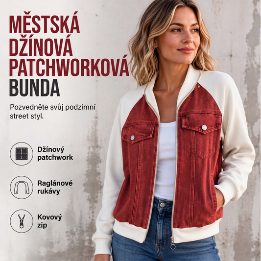 👗✨ Dámská džínová bunda s patchworkem – kontrastní bloky, prémiová džínovina, všestranný pouliční styl 👗