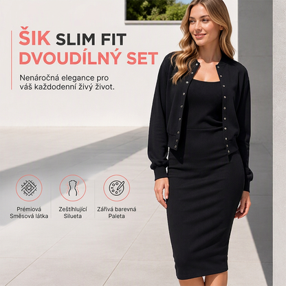 😍✨ Dámská dvoudílná sada – šatovka na ramínka a krátké sako s tlapkovými knoříky, elegantní styl pro každý den🌟