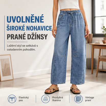 👖🌊 Dámské vintage džíny s širokými nohavicemi a vysokým pasem – elastický pásek, volný střih, na každý den