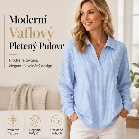 🧶✨ Dámský pletený top s vaflové texturou a V-výstřihem – volný oversized střih, měkký, 12 barev, S–5XL