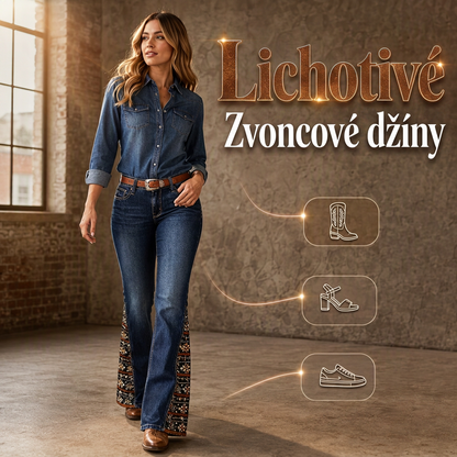 🌼✨ Dámské retro zvonovné džíny s bohémským výšivkovým panelem – vysoký pas, prudná džínovina, květinový styl