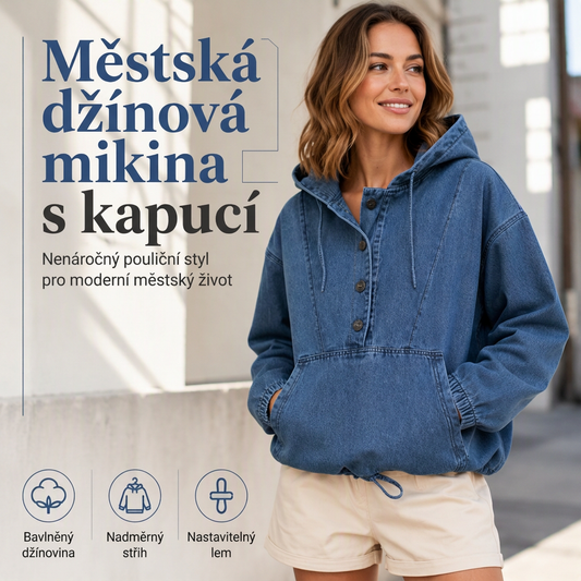 👚💙 Dámská oversized džínová mikina s kapucí a knoflíky – street styl, klokaní kapsa, 3 odstny modré, S–2XL