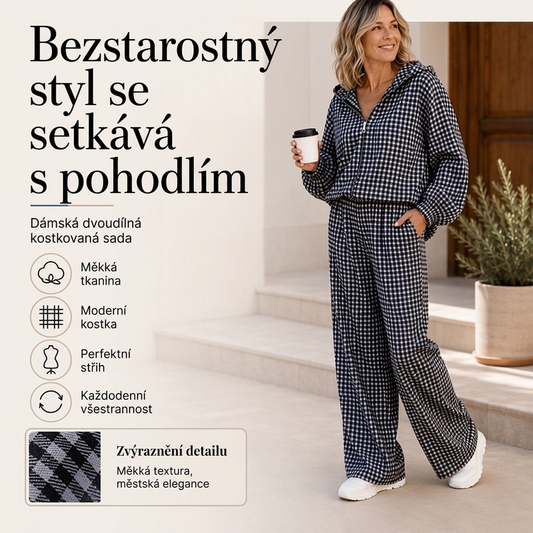 ☕️👚 Dámská 2dílná souprava s ginghamovým vzorem a kapucí – volný střih, 8 barev, S–3XL