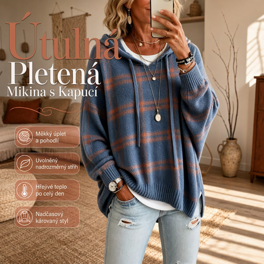 🧶🍂 Dámský retro pletený svetr s kapucí a kostkováným vzorem – oversize, měkká směs, 6 barev, S–XL