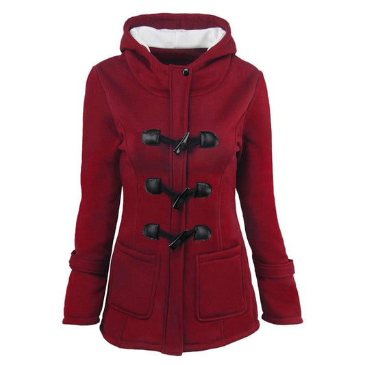 🔥🧥 Dámská zesilená středně dlouhá bunda s kapucí – zip a knoflíky, boční kapsy, 6 barev, S–4XL