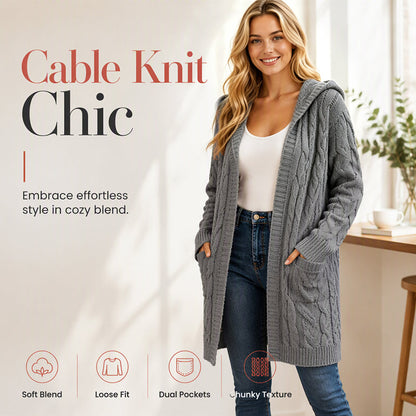 🧶🍂 Dámský dlouhý pletený kardigán s kapucí a kapsami – oversize, kabelíkový vzor, 9 barev, S–3XL