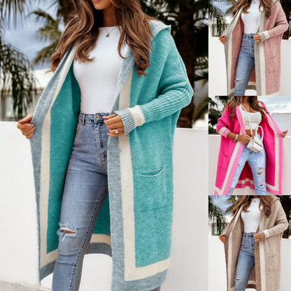 🧶🌸 Dámský dlouhý pletený kardigán s kapucí – kontrastní kapuce, bodní kapsy, 5 barev, S–XL