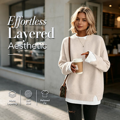 🧶✨ Dámský pletený svetr s efektem dvou vrstev – kontrastní límeček a manžety, volný střih, 8 barev, S–2XL