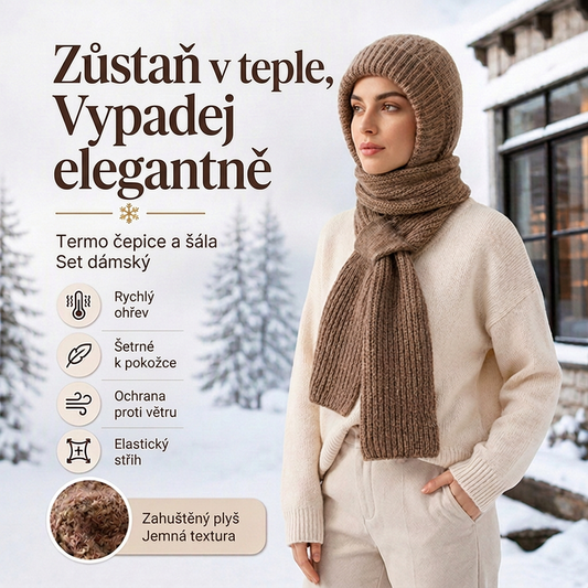 🧵🧣 Dámská pletená šála s kapucí – bavľnený půlnocový vzor, 12 barevných variant (vč. s hustou podšívkou)