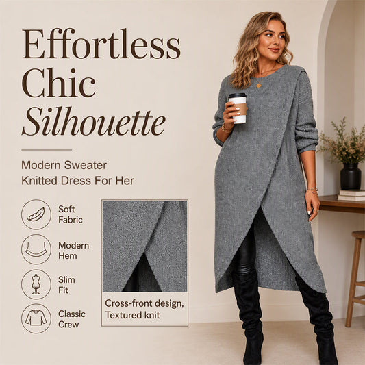 👗 ✨Dámské překrýžající úpletné šaty s dlouhým rukávem – moderní lem, 3 barvy, S–XL⭐
