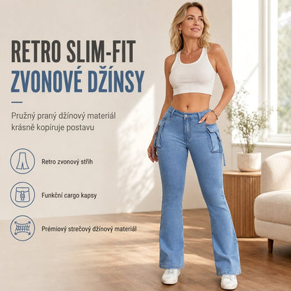 👖⭐ Dámské slim fit cargo džíny se zvonem a chlopňovými kapsami – vysoko pružné, XS–XL😊