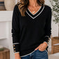 👚 Dámský elegantní pletený svetr s V-výstřihem a kontrastním lemem – 5 barev, S–2XL☁️⭐