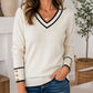 👚 Dámský elegantní pletený svetr s V-výstřihem a kontrastním lemem – 5 barev, S–2XL☁️⭐