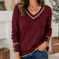 👚 Dámský elegantní pletený svetr s V-výstřihem a kontrastním lemem – 5 barev, S–2XL☁️⭐