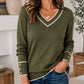 👚 Dámský elegantní pletený svetr s V-výstřihem a kontrastním lemem – 5 barev, S–2XL☁️⭐