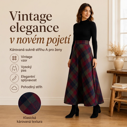 Dámská elegantní dlouhá kostkovaná sukně s vysokým pasem