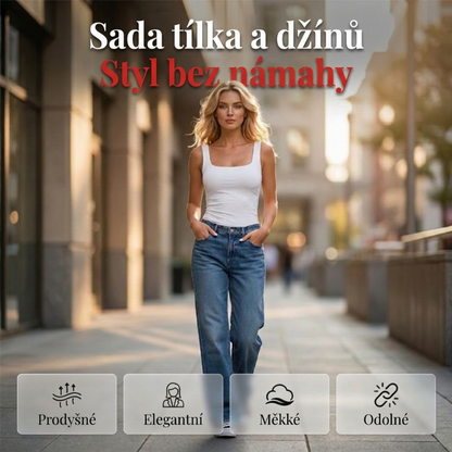Dámský set tílka se čtvercovým výstřihem a džínů se širokými nohavicemi