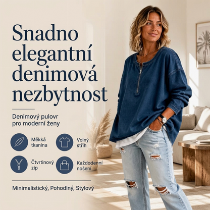 Dámský džínový pulovr s dlouhým rukávem a polovičním zipem