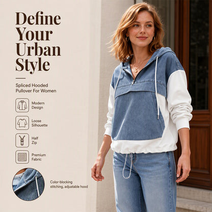 Women's Loose Half Zip Denim Patchwork Hoodie